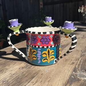 Funky Colorful Whimsical Candlestick Bowl Stripes Floral Centerpiece Pot